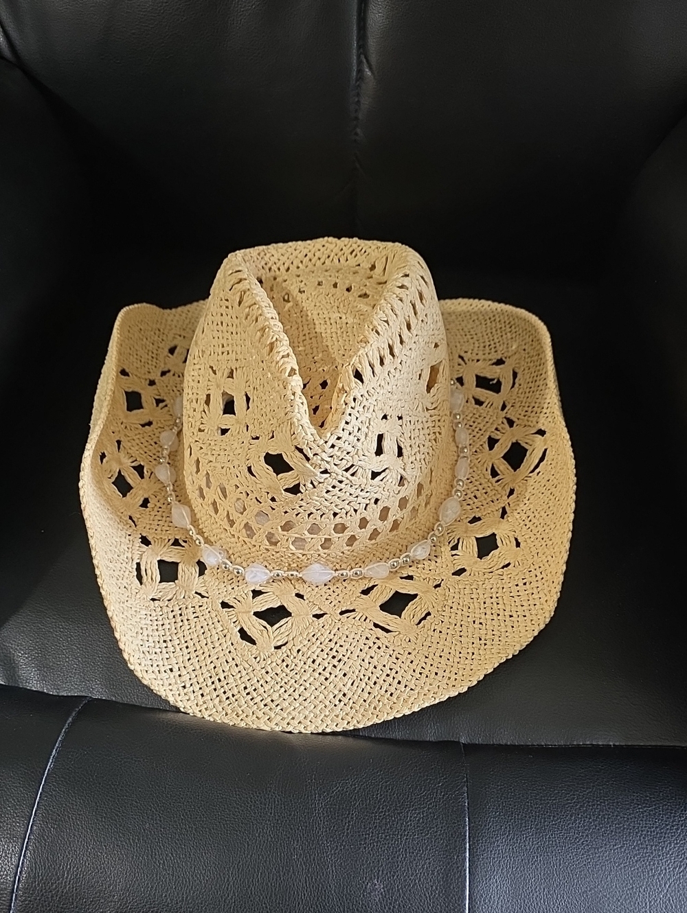 100% Paper Crochet Straw Cowboy Hat with Beaded Band - Beige Western
